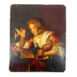 A 19th century painting of a young lady with eggs; oil on metal; unsigned; 20.5cm x 17cm.