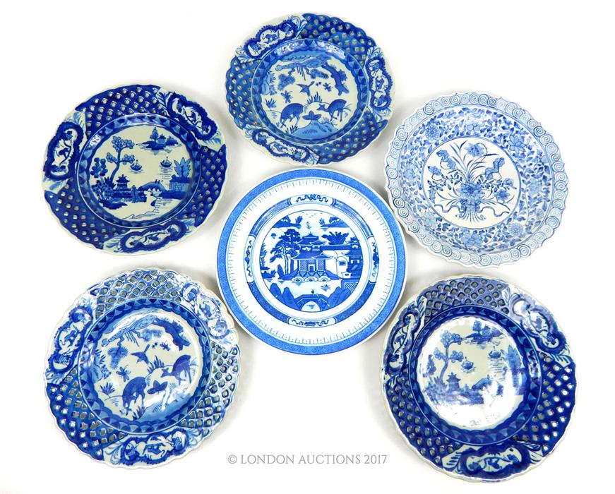 Six, Chinese, hand-painted, blue and white plates