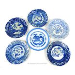 Six, Chinese, hand-painted, blue and white plates
