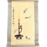 A Chinese scroll, hand painted with mice around a candle