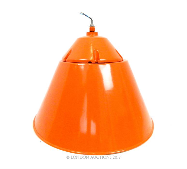 A large, 1960's/ 70's, orange- enamelled, industrial/ warehouse metal light shade