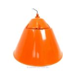 A large, 1960's/ 70's, orange- enamelled, industrial/ warehouse metal light shade