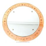 An original, Art Deco, circular, clear and pink, engraved glass mirror