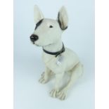 A large, decorative, painted, resin, seated, English bull terrier dog