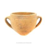 A Roman, terracotta, small, twin-handled, vessel/ cup