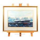 Signature Indistinct, A gilt-framed, 20th century watercolour of an ocean liner