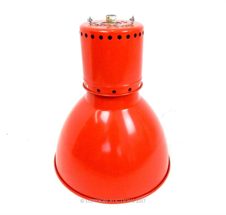 A large, 1960's/ 70's, red-enamelled, industrial/ warehouse metal light shade