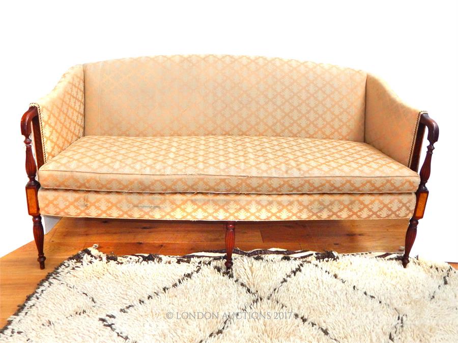 A fine, large, Edwardian, mahogany and satin wood, upholstered sofa