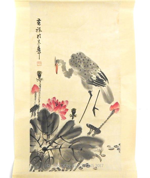 A Chinese scroll, hand painted with a crane