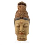 A large, vintage, Chinese, wooden, female Buddha head