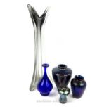 A collection of glass items, including a Murano vase