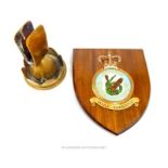 A Trench art match box holder and ashtray together with an RAF Plaque.