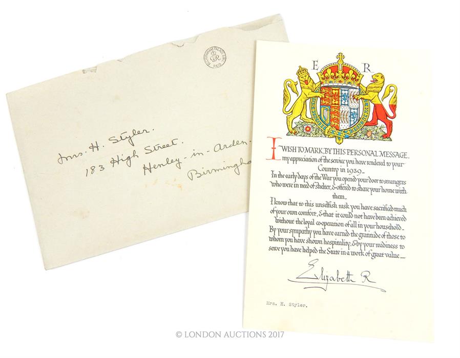 A WW2 certificate of thanks send by the Queen to members of the public who took in evacuees,