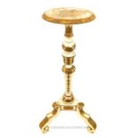 An ornate and distressed, jardiniere stand in cream with decorative gilding; overall height 94cm.