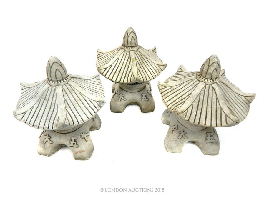 Three small composite stone ornaments with pagoda tops. - Image 2 of 2