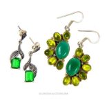 A pair of silver, green stone and marcasite earrings and another