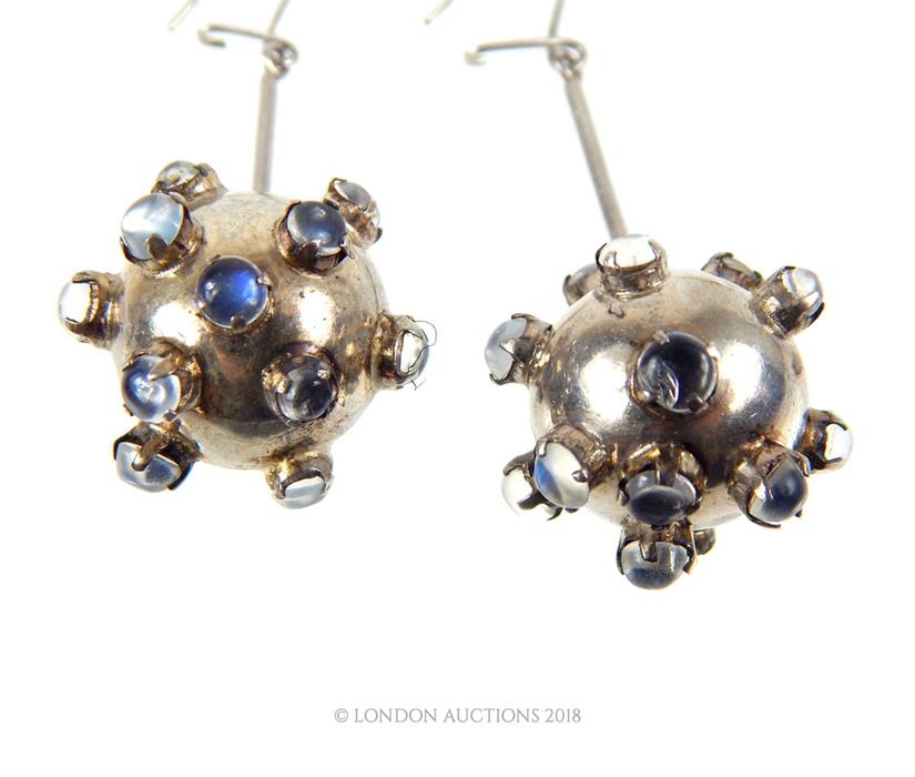 A pair of sterling silver and studded moonstone, spherical drop earrings - Image 2 of 2