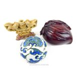 A Chinese soapstone carving and two other items