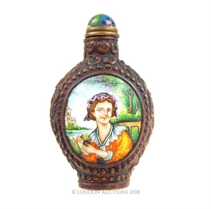 An enamel scent bottle with portrait of a lady on two panels; 7.7cm high; with four character mark