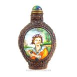 An enamel scent bottle with portrait of a lady on two panels; 7.7cm high; with four character mark