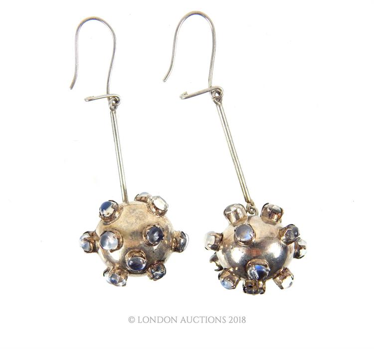 A pair of sterling silver and studded moonstone, spherical drop earrings