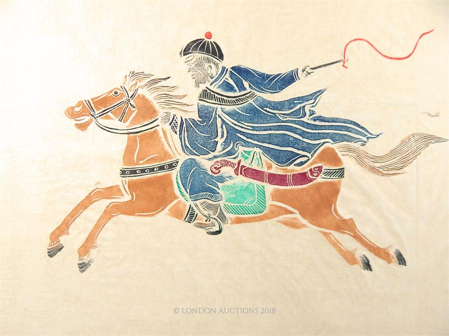 A Chinese block print on paper, on board of a rider on horseback - Image 2 of 2