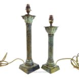 Two, weighty, metal, Corinthian column, table lamps