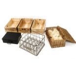 A Fortnum & Mason's wicker hamper, metal milk crate and three wine boxes