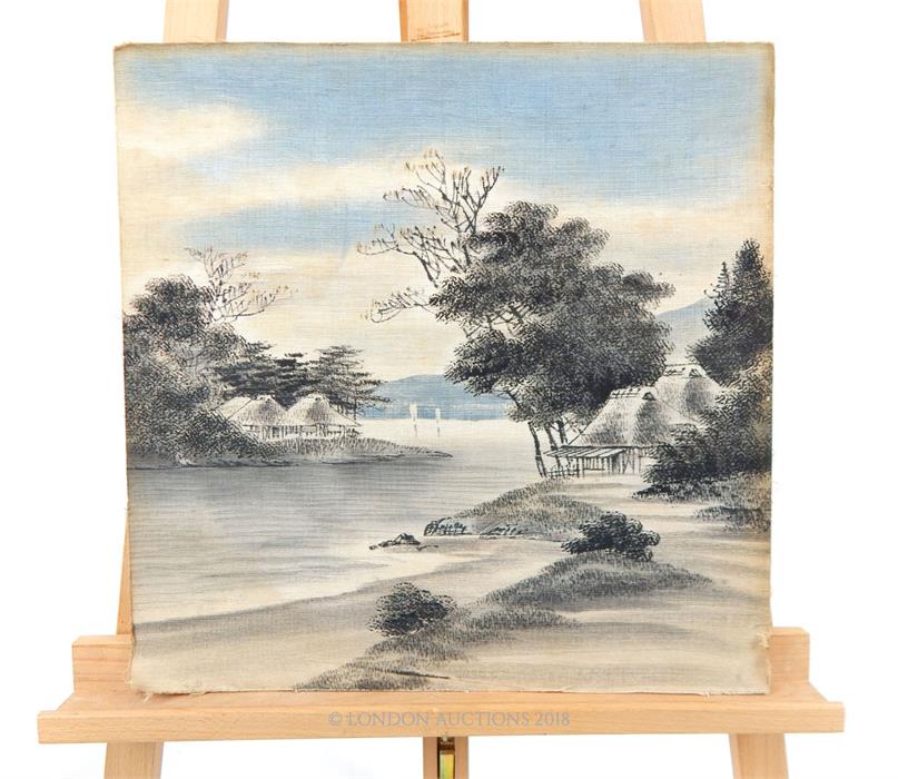 A Japanese, hand-drawn landscape on cloth on board