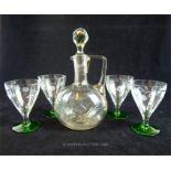 A set of four, 1950's hand-blown wine glasses with green bases