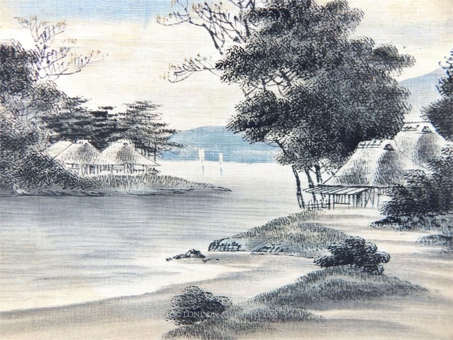 A Japanese, hand-drawn landscape on cloth on board - Image 2 of 2