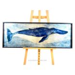 A depiction of a Whale printed upon sheet metal; in glazed framed; sight size 41cm x 117cm.
