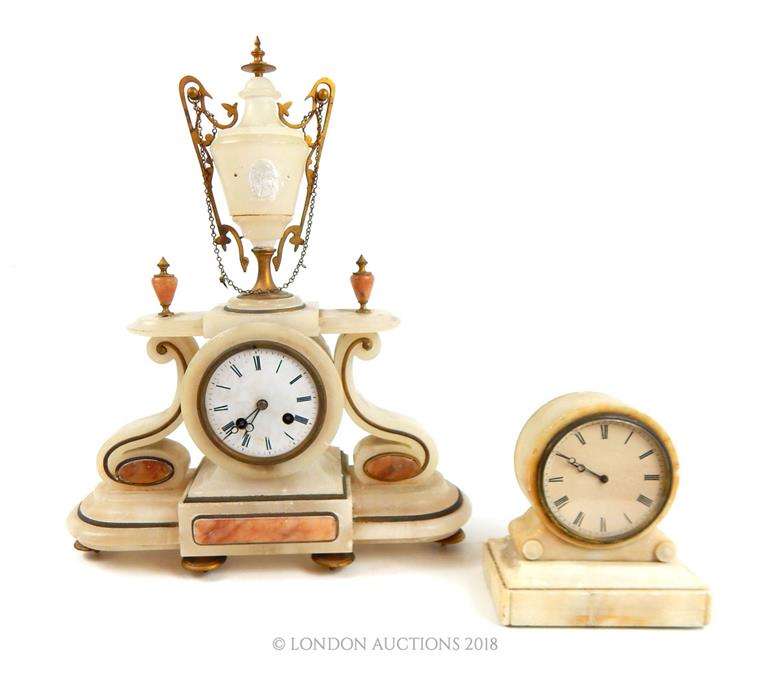 A 19th century alabaster mantel clock and another