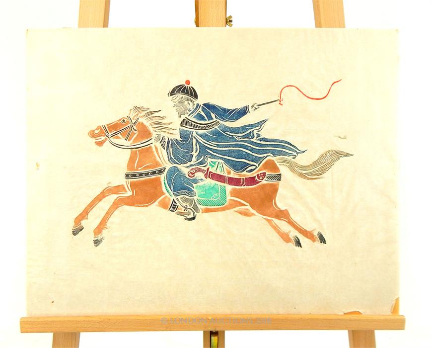 A Chinese block print on paper, on board of a rider on horseback