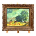 A.Soverijms, A gilt framed oil painting of a rustic country scene with hay-stacks