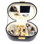 A collection of ladies wristwatches in a black, leather fitted case