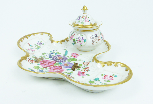 A 19th century, hand-painted and gilt, porcelain, ink well and pen rest stand