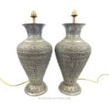 A fine pair of large, antique, white metal, Persian, table lamps