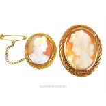 Two, 15 ct yellow gold mounted, antique, cameo brooches