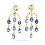 A pair of 14 ct yellow gold, sapphire and moonstone chandelier drop earrings