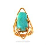 An 18 ct yellow gold, abstract, blue/green, hard-stone ring