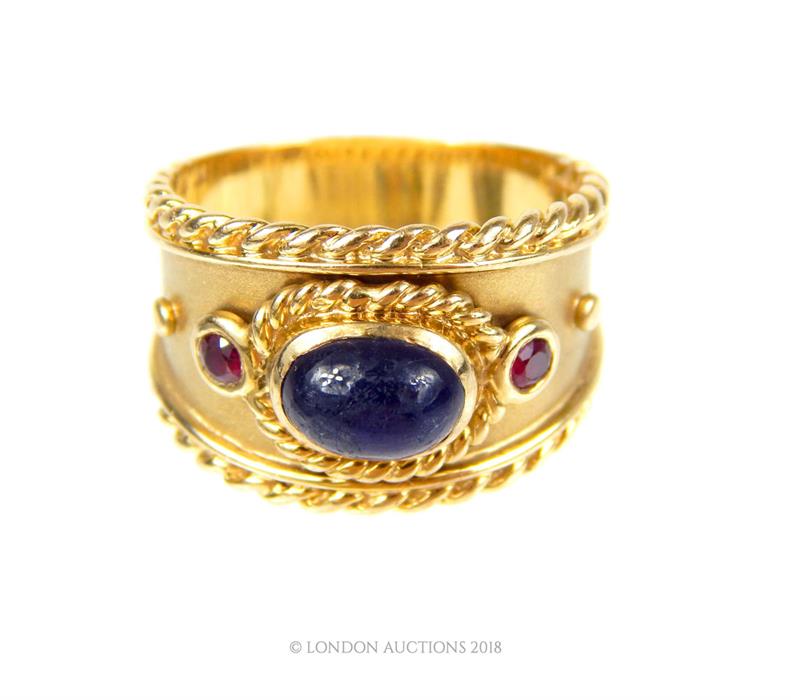 A 9 ct, yellow gold, Elizabeth Gage-style, amethyst and garnet ring