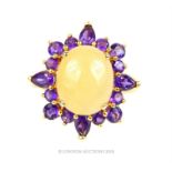 A 14 ct yellow gold, white jade and amethyst, cluster ring