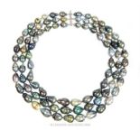 9 ct white gold and diamond-clasped, 3 strand, Tahitian grey pearl necklace