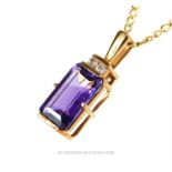 A 9 ct yellow gold, rectangular amethyst and two-diamond pendant