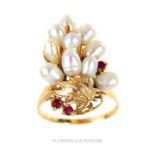 An antique, 14 ct yellow gold, pearl and ruby, grape cluster ring