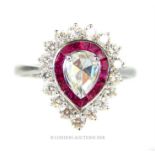 An 18 ct white gold, pear-shaped diamond and ruby cluster ring