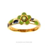 A 10 ct yellow gold, green and black enamel and peridot flower ring