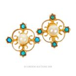 A pair of antique, high carat yellow gold, pearl and turquoise earrings