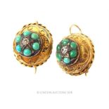 A fine pair of 15 ct, yellow gold, antique, turquoise and diamond, drop earrings